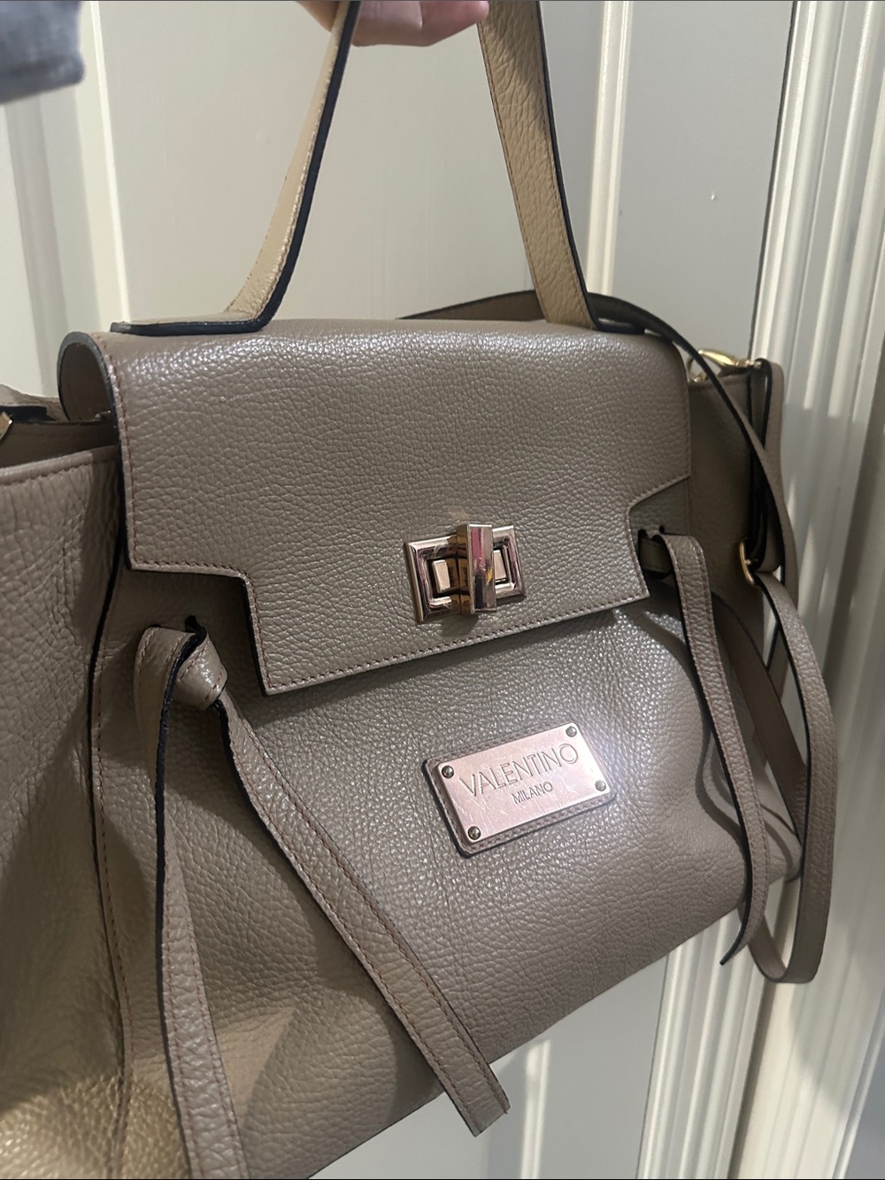 Valentino Taupe Leather Satchel with Gold Hardware